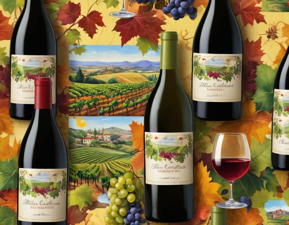 A whimsical vineyard landscape, featuring rolling hills lush with grapevines, enchanting wine bottles dancing among the vine leaves, a cheerful sun with a face beaming down, playful wine glasses clinking together in celebration, and colorful wine labels fluttering like flags. vibrant colors. super-realistic.