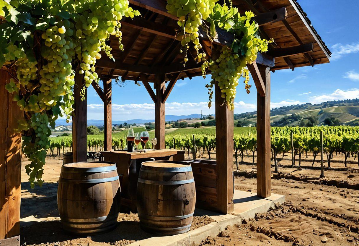 A vibrant vineyard under the sun, with lush green grapevines heavy with clusters of ripe grapes. In the background, a rustic tasting room with wooden barrels and glasses of wine, inviting visitors to savor the joy of wine tasting. A couple joyfully toasting amidst the vines, encapsulating the adventure of exploration and taste. The sky is a bright blue with a hint of fluffy clouds. super-realistic. vibrant colors. natural light.