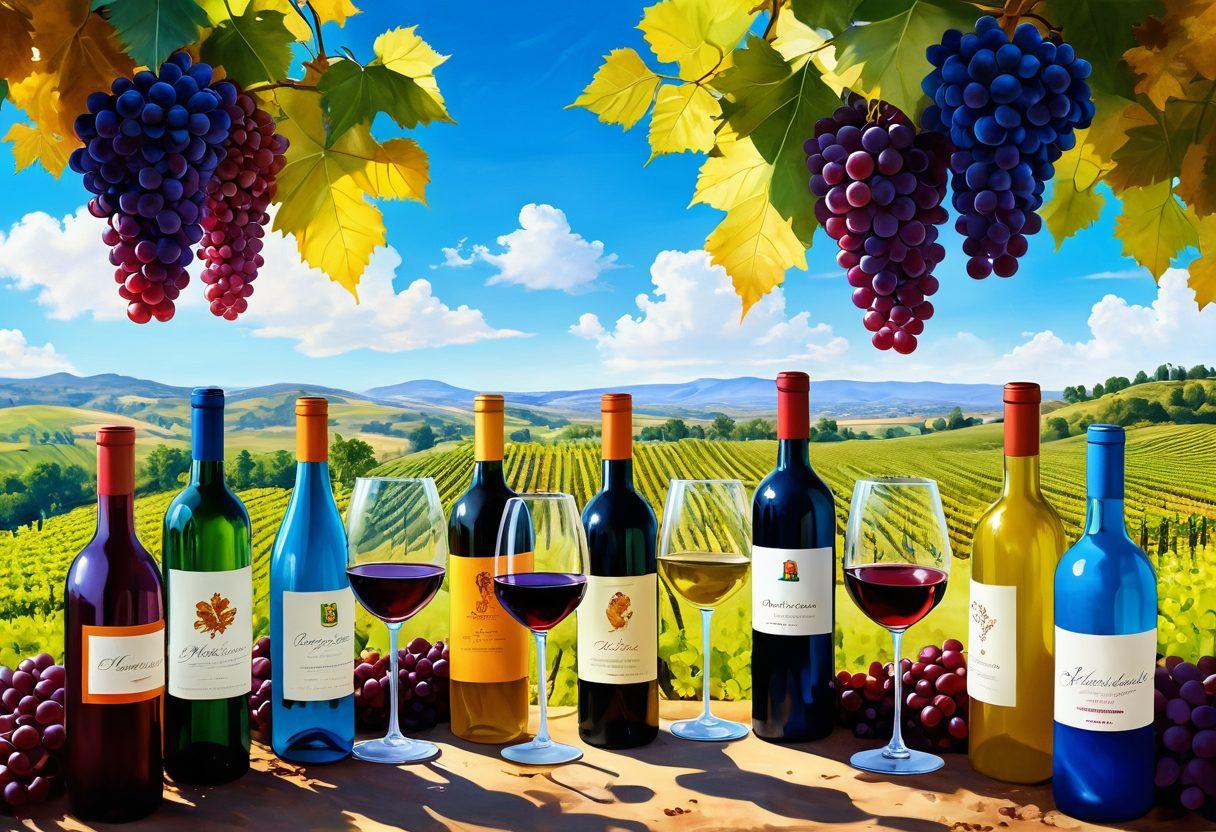 A whimsical vineyard landscape featuring colorful wine bottles under a bright blue sky, with diverse people from different cultures sharing smiles while enjoying wine. Incorporate playful elements like giant grapes and whimsical wine glasses overflowing with colorful liquids. The scene should radiate joy and cultural diversity, inviting viewers to join in the celebration. vibrant colors. super-realistic. whimsical style.